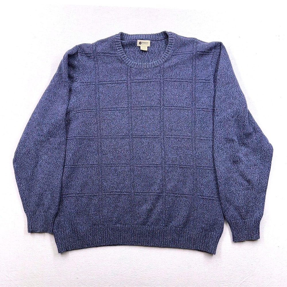 Haggar Men's Navy Blue Pullover Knit Windowpane Crew Nevk Sweater 100% Cotton XL